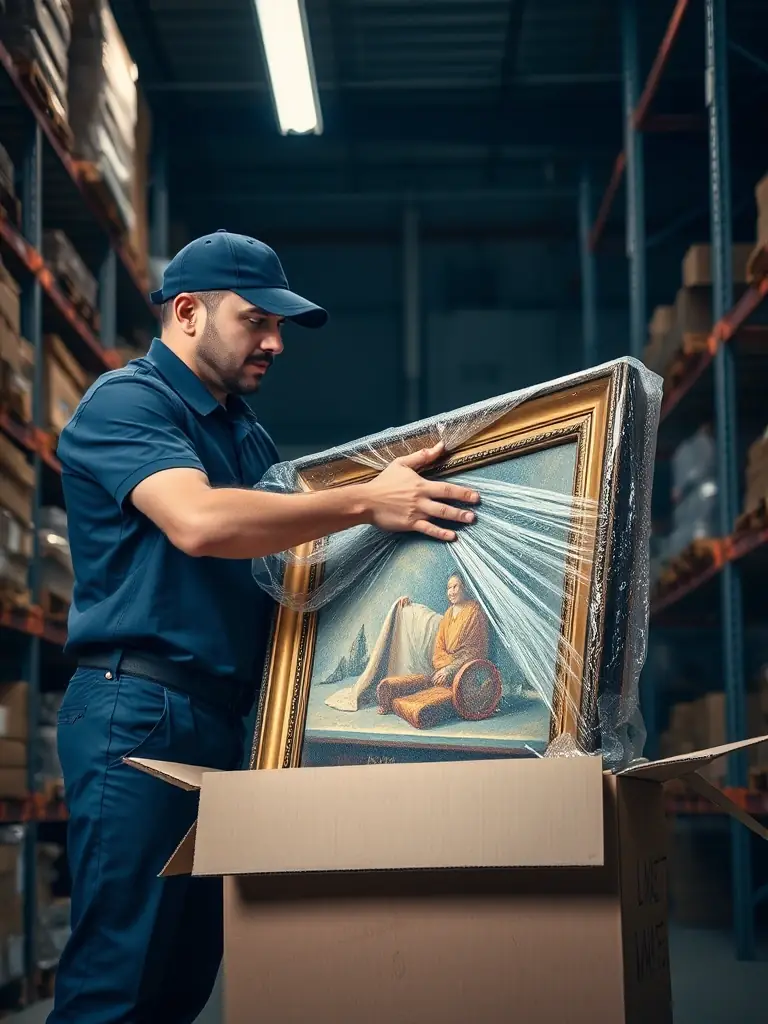 A mover carefully packing artwork and fragile items into protective boxes, highlighting Northern Elite Van Lines' packing service.