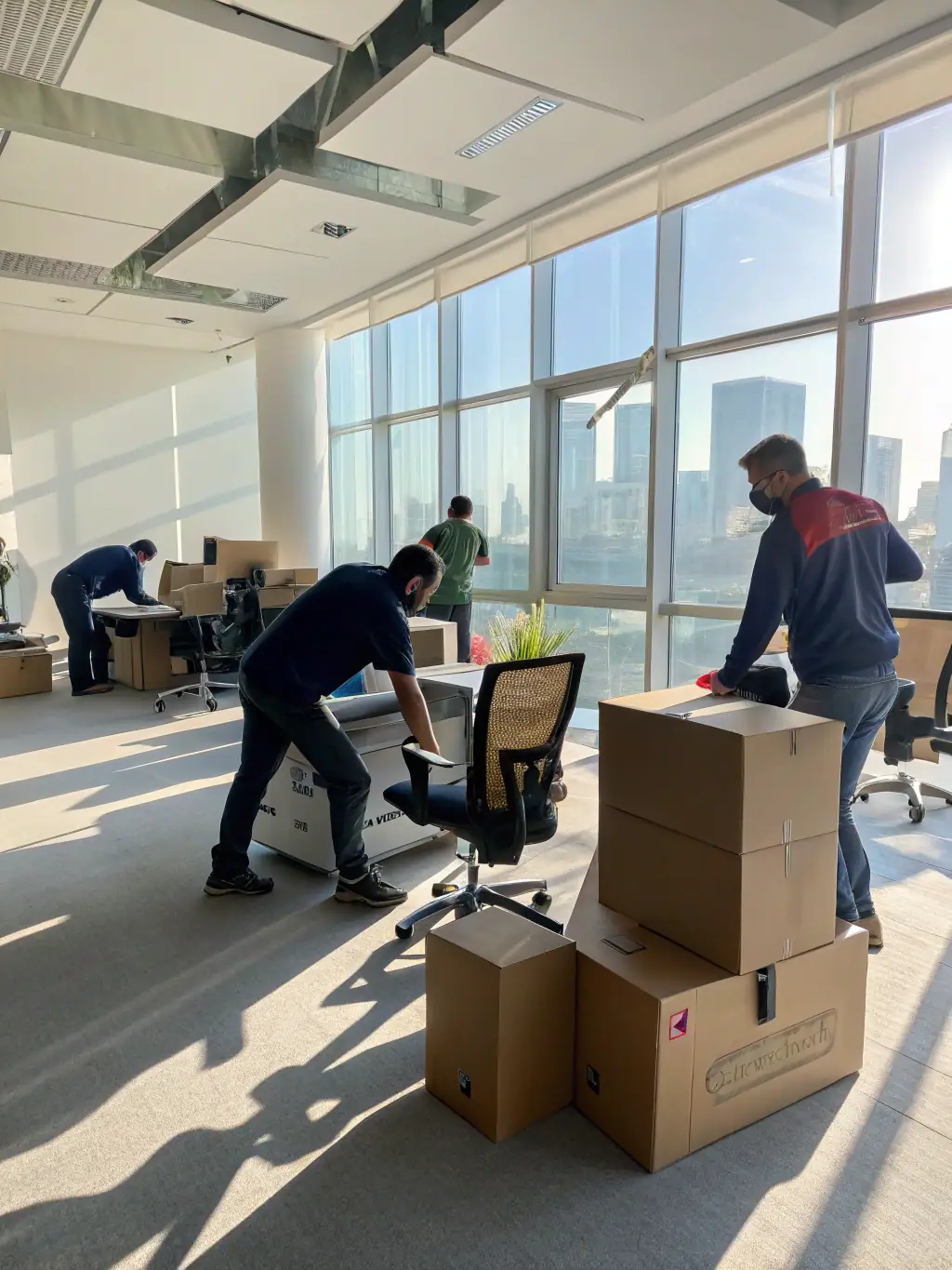 A team of movers transporting office furniture and equipment into a new office building, illustrating Northern Elite Van Lines' commercial moving capabilities.