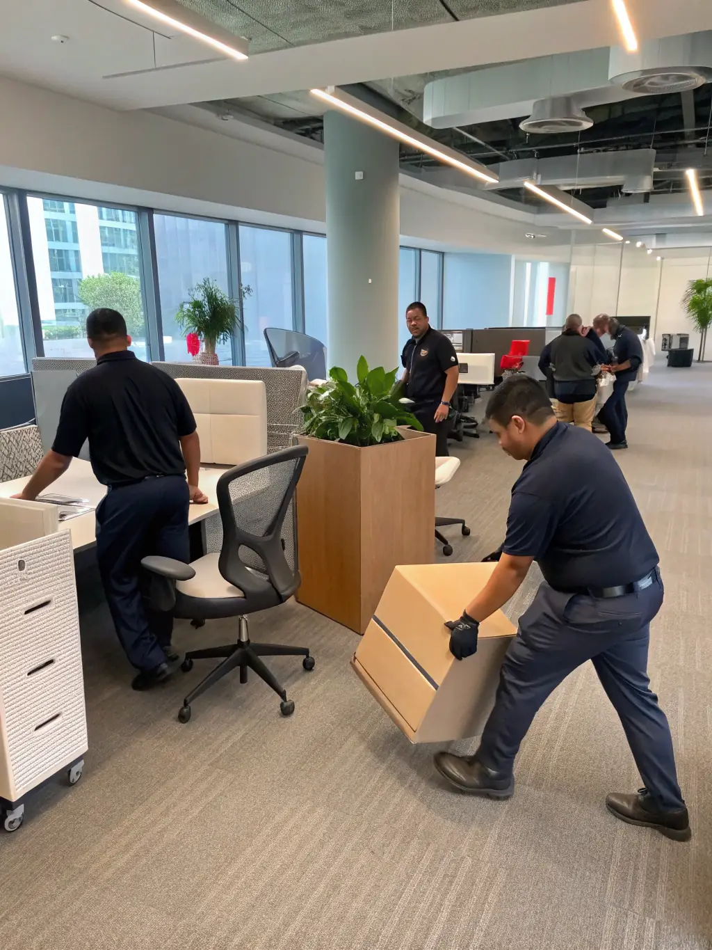 An image of Northern Elite Van Lines movers carefully disassembling office furniture during a commercial move, showcasing their expertise in handling business relocations.