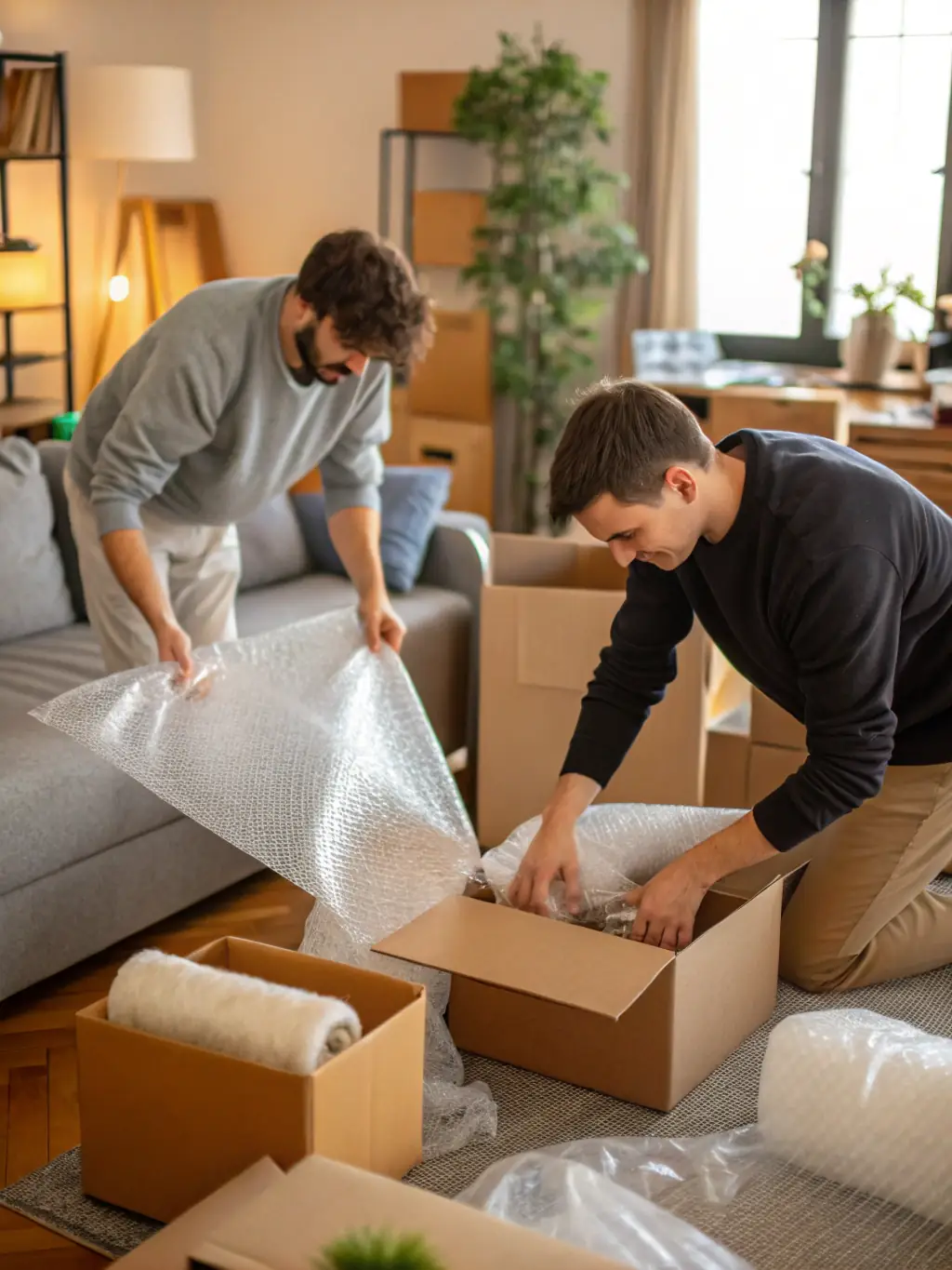 A photograph of Northern Elite Van Lines movers efficiently packing boxes in a home, highlighting their expertise in packing services for a local move.