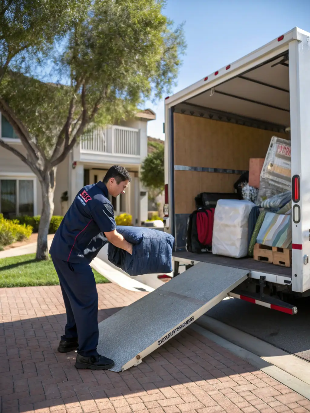 A high-quality photograph showcasing Northern Elite Van Lines movers carefully loading furniture into a moving truck, emphasizing their professionalism and attention to detail during a long-distance move.