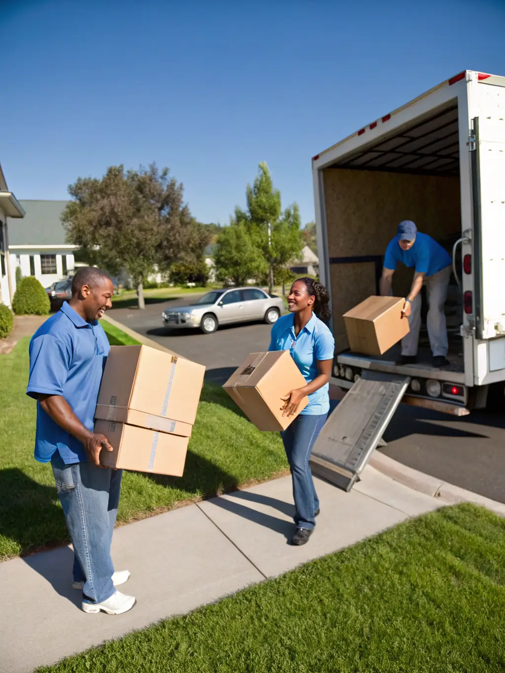 A moving crew carefully packing boxes in a residential neighborhood, showcasing Northern Elite Van Lines' local and in-state moving expertise.